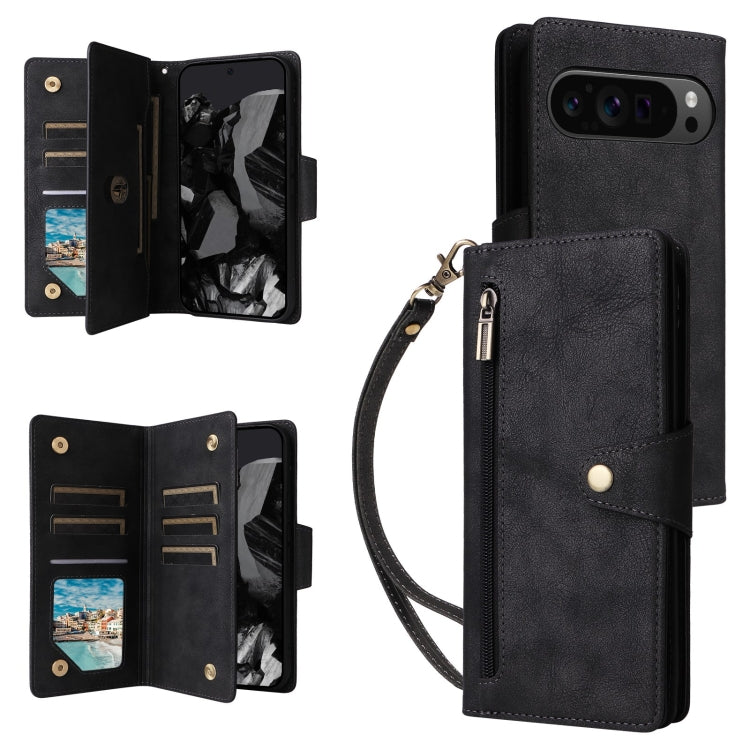 For Google Pixel 9 Pro Rivet Buckle 9 Cards Three Fold Leather Phone Case(Black) - Google Cases by PMC TechLife | Online Shopping South Africa | PMC TechLife | Buy Now Pay Later Mobicred