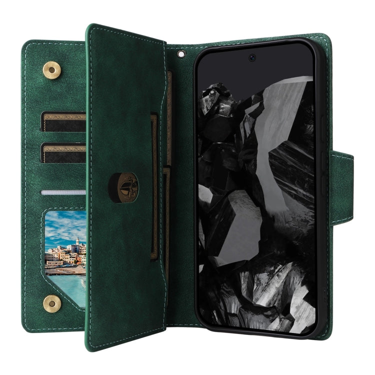 For Google Pixel 9 Pro Rivet Buckle 9 Cards Three Fold Leather Phone Case(Green) - Google Cases by PMC TechLife | Online Shopping South Africa | PMC TechLife | Buy Now Pay Later Mobicred