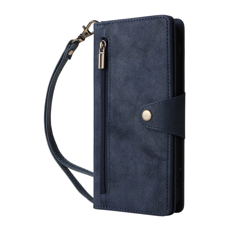For Google Pixel 9 Pro Rivet Buckle 9 Cards Three Fold Leather Phone Case(Blue) - Google Cases by PMC TechLife | Online Shopping South Africa | PMC TechLife | Buy Now Pay Later Mobicred