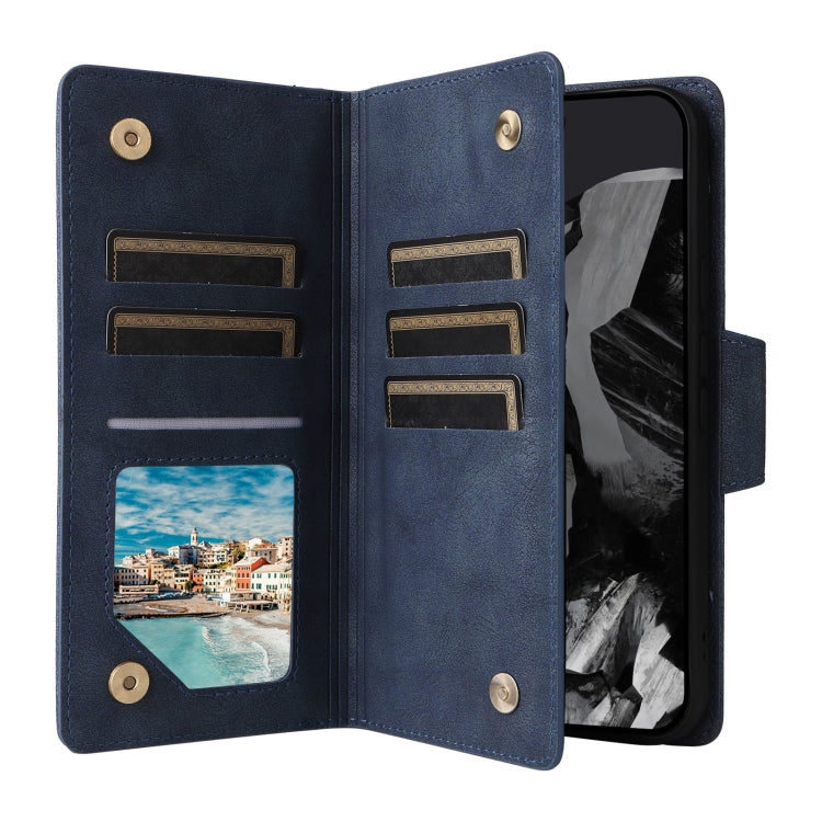 For Google Pixel 9 Pro Rivet Buckle 9 Cards Three Fold Leather Phone Case(Blue) - Google Cases by PMC TechLife | Online Shopping South Africa | PMC TechLife | Buy Now Pay Later Mobicred