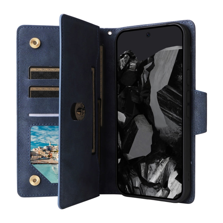For Google Pixel 9 Pro Rivet Buckle 9 Cards Three Fold Leather Phone Case(Blue) - Google Cases by PMC TechLife | Online Shopping South Africa | PMC TechLife | Buy Now Pay Later Mobicred