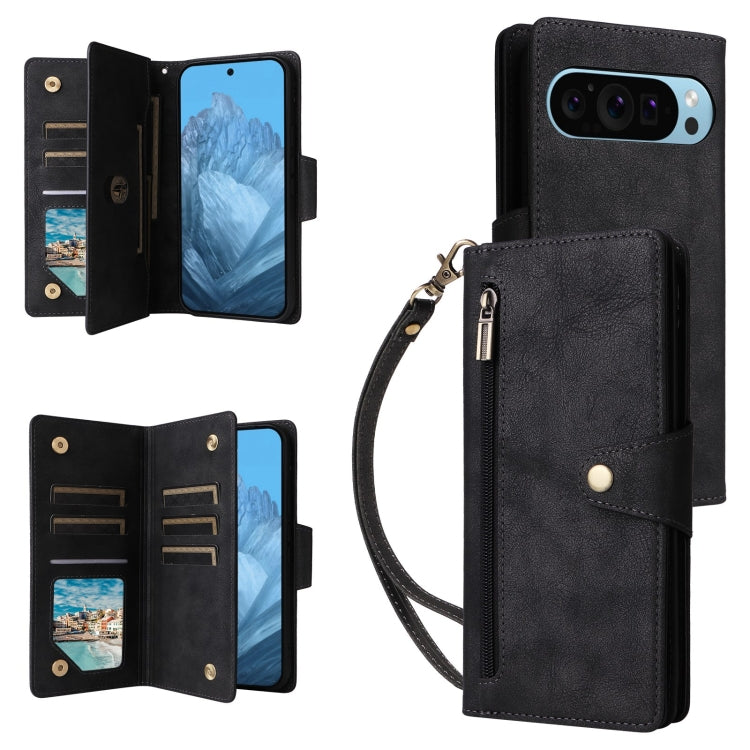 For Google Pixel 9 Rivet Buckle 9 Cards Three Fold Leather Phone Case(Black) - Google Cases by PMC TechLife | Online Shopping South Africa | PMC TechLife | Buy Now Pay Later Mobicred