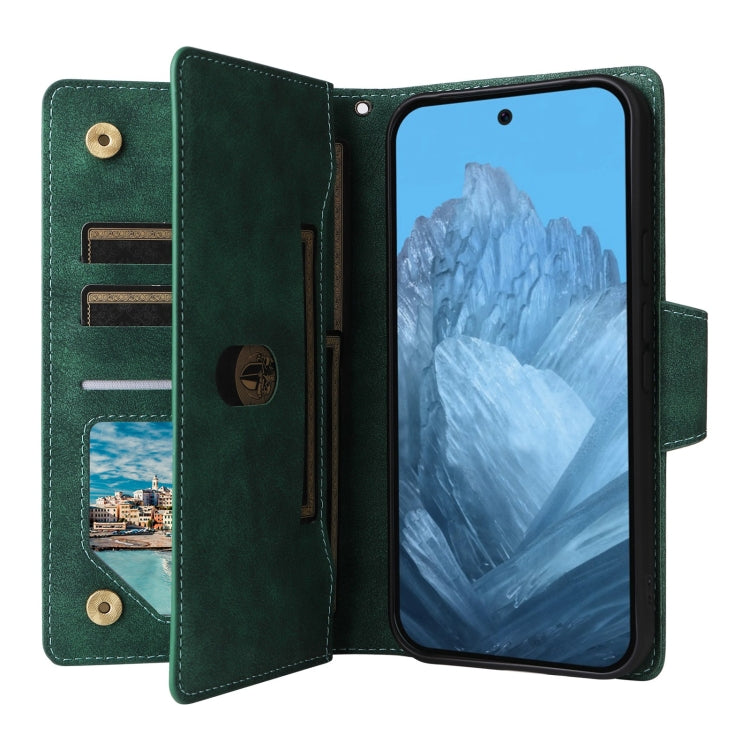 For Google Pixel 9 Rivet Buckle 9 Cards Three Fold Leather Phone Case(Green) - Google Cases by PMC TechLife | Online Shopping South Africa | PMC TechLife | Buy Now Pay Later Mobicred