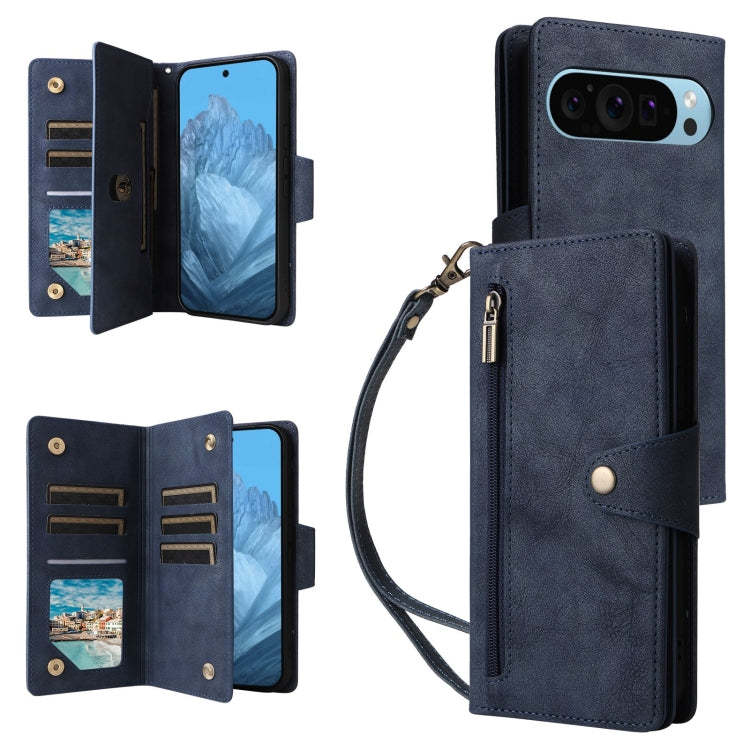 For Google Pixel 9 Rivet Buckle 9 Cards Three Fold Leather Phone Case(Blue) - Google Cases by PMC TechLife | Online Shopping South Africa | PMC TechLife | Buy Now Pay Later Mobicred