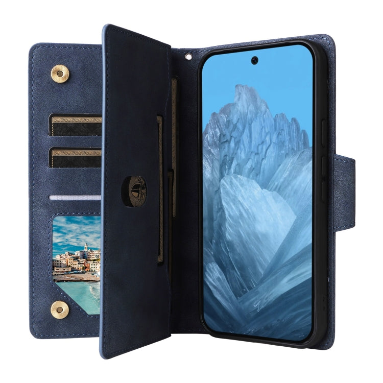 For Google Pixel 9 Rivet Buckle 9 Cards Three Fold Leather Phone Case(Blue) - Google Cases by PMC TechLife | Online Shopping South Africa | PMC TechLife | Buy Now Pay Later Mobicred