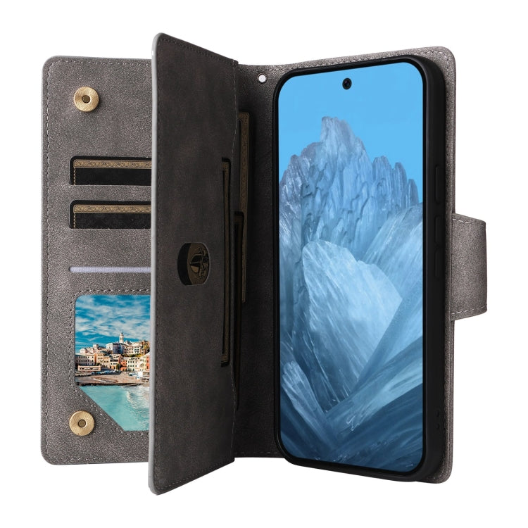 For Google Pixel 9 Rivet Buckle 9 Cards Three Fold Leather Phone Case(Grey) - Google Cases by PMC TechLife | Online Shopping South Africa | PMC TechLife | Buy Now Pay Later Mobicred