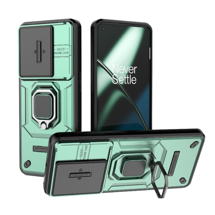 For OnePlus 11 5G Sliding Camshield TPU + PC Shockproof Phone Case with Holder(Green) - OnePlus Cases by PMC TechLife | Online Shopping South Africa | PMC TechLife | Buy Now Pay Later Mobicred