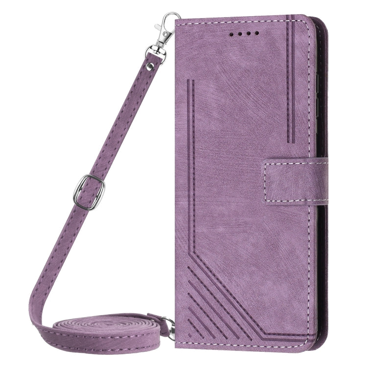 For Motorola Moto G Play 2024 Skin Feel Stripe Pattern Leather Phone Case with Lanyard(Purple) - Motorola Cases by PMC Jewellery | Online Shopping South Africa | PMC Jewellery | Buy Now Pay Later Mobicred
