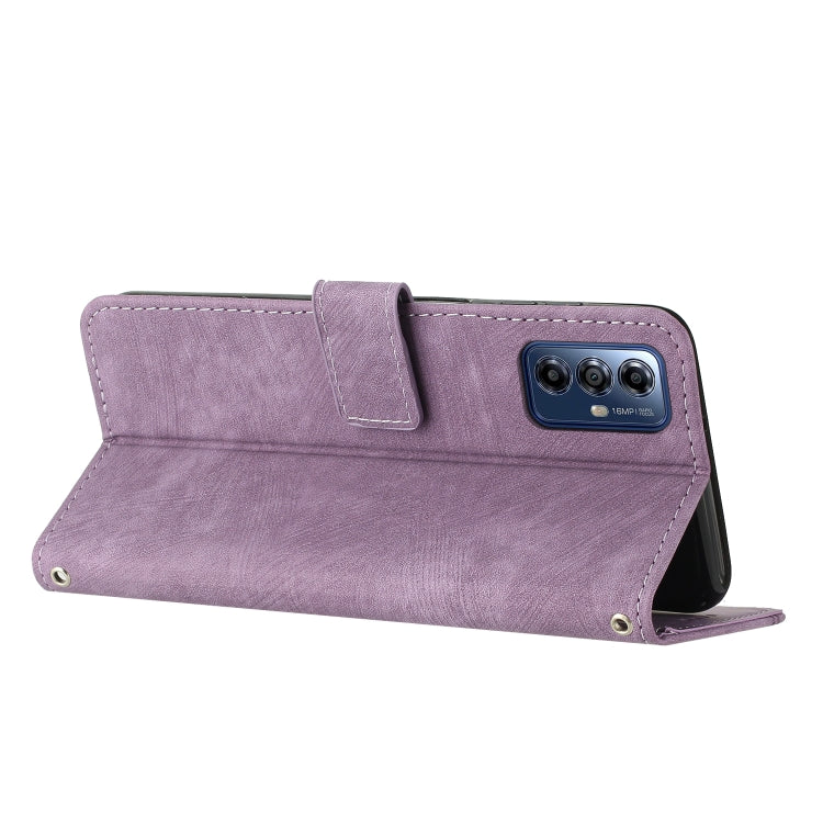 For Motorola Moto G Play 2024 Skin Feel Stripe Pattern Leather Phone Case with Lanyard(Purple) - Motorola Cases by PMC Jewellery | Online Shopping South Africa | PMC Jewellery | Buy Now Pay Later Mobicred