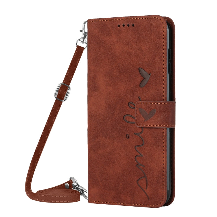For OPPO A58 4G Skin Feel Heart Pattern Leather Phone Case with Lanyard(Brown) - OPPO Cases by PMC TechLife | Online Shopping South Africa | PMC TechLife | Buy Now Pay Later Mobicred