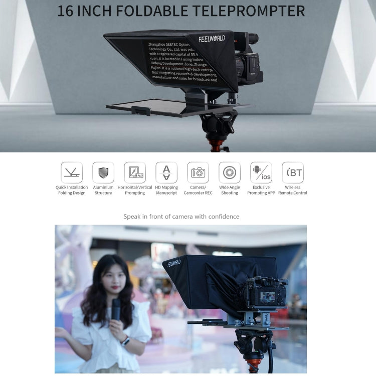FEELWORLD TP16 16 inch Tablet Horizontal Vertical Prompting Folding Teleprompter, Bluetooth Remote Control(Black) - free shipping - PMC TechLife - Order now!