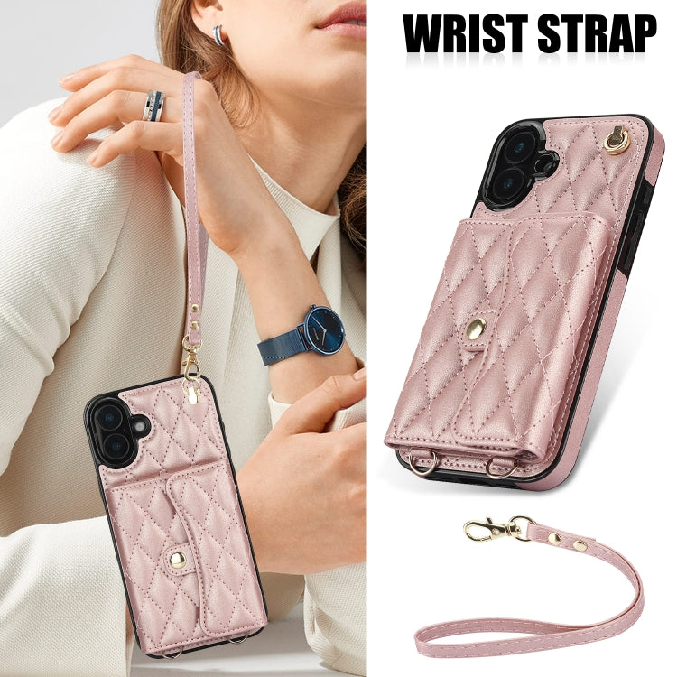 For iPhone 16 Plus Crossbody Rhombic Horizontal Wallet Leather Phone Case(Rose Gold) - free shipping - PMC Jewellery - Order now!