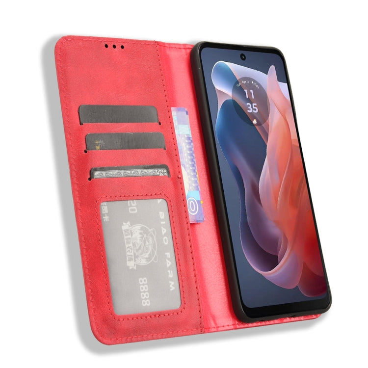 For Motorola Moto G Play 4G 2024 Magnetic Buckle Retro Texture Leather Phone Case(Red) - Motorola Cases by PMC Jewellery | Online Shopping South Africa | PMC Jewellery | Buy Now Pay Later Mobicred