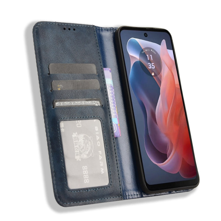For Motorola Moto G Play 4G 2024 Magnetic Buckle Retro Texture Leather Phone Case(Blue) - Motorola Cases by PMC Jewellery | Online Shopping South Africa | PMC Jewellery | Buy Now Pay Later Mobicred
