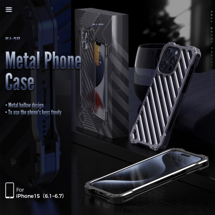 For iPhone 15 Plus R-JUST RJ-50 Hollow Breathable Armor Metal Phone Case(Space Grey) - iPhone 15 Plus Cases by R-JUST | Online Shopping South Africa | PMC TechLife | Buy Now Pay Later Mobicred
