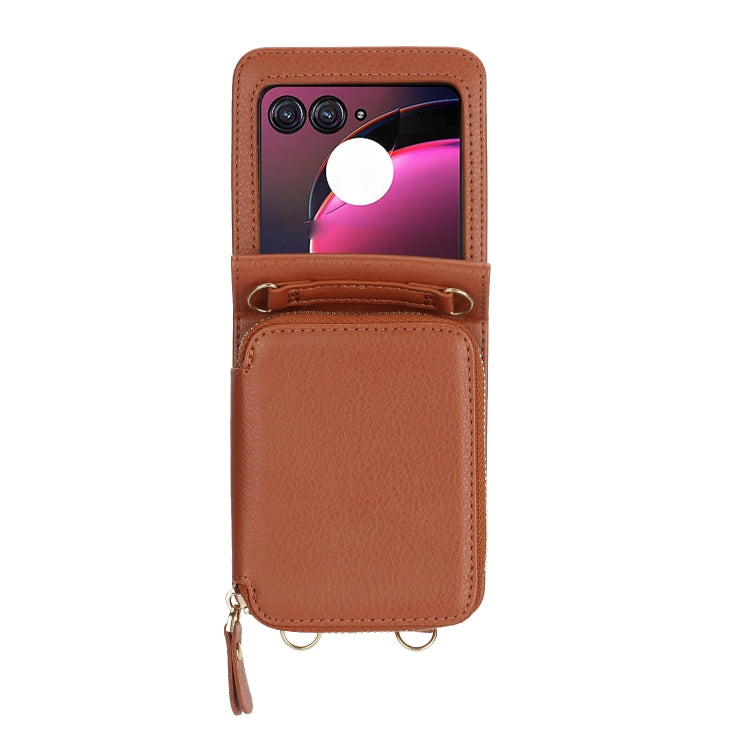 For Motorola Razr 40 Ultra Long and Short Lanyard Zipper Card Slot Foldable Phone Case(Brown) - Motorola Cases by PMC TechLife | Online Shopping South Africa | PMC TechLife | Buy Now Pay Later Mobicred