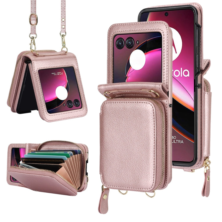 For Motorola Razr 40 Ultra Long and Short Lanyard Zipper Card Slot Foldable Phone Case(Pink) - Motorola Cases by PMC TechLife | Online Shopping South Africa | PMC TechLife | Buy Now Pay Later Mobicred