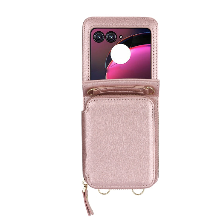 For Motorola Razr 40 Ultra Long and Short Lanyard Zipper Card Slot Foldable Phone Case(Pink) - Motorola Cases by PMC TechLife | Online Shopping South Africa | PMC TechLife | Buy Now Pay Later Mobicred