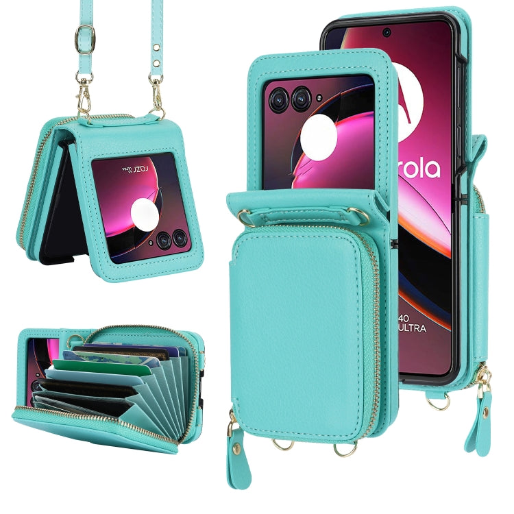 For Motorola Razr 40 Ultra Long and Short Lanyard Zipper Card Slot Foldable Phone Case(Mint Green) - Motorola Cases by PMC TechLife | Online Shopping South Africa | PMC TechLife | Buy Now Pay Later Mobicred