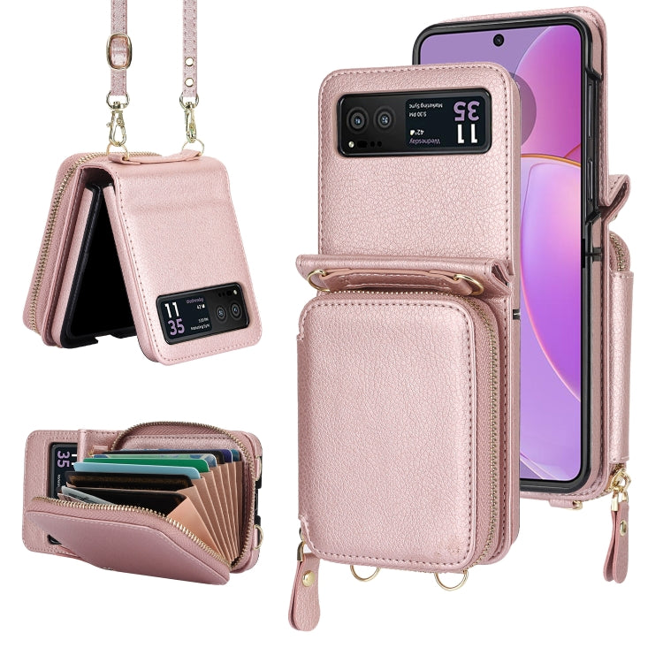 For Motorola Razr 40 Long and Short Lanyard Zipper Card Slot Foldable Phone Case(Pink) - Motorola Cases by PMC TechLife | Online Shopping South Africa | PMC TechLife | Buy Now Pay Later Mobicred