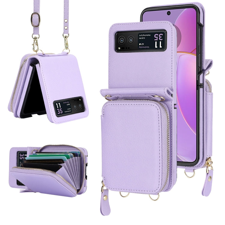 For Motorola Razr 40 Long and Short Lanyard Zipper Card Slot Foldable Phone Case(Purple) - Motorola Cases by PMC TechLife | Online Shopping South Africa | PMC TechLife | Buy Now Pay Later Mobicred