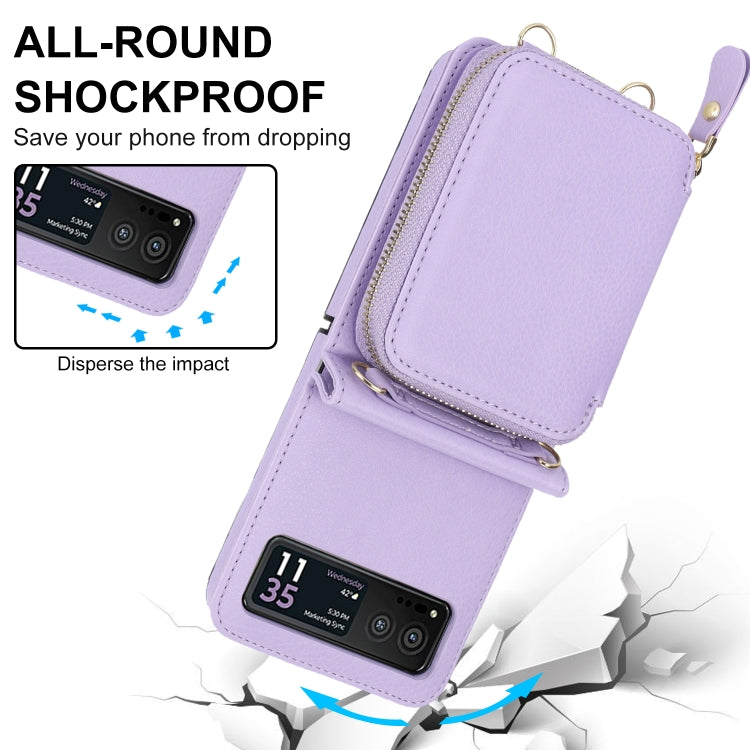 For Motorola Razr 40 Long and Short Lanyard Zipper Card Slot Foldable Phone Case(Purple) - Motorola Cases by PMC TechLife | Online Shopping South Africa | PMC TechLife | Buy Now Pay Later Mobicred
