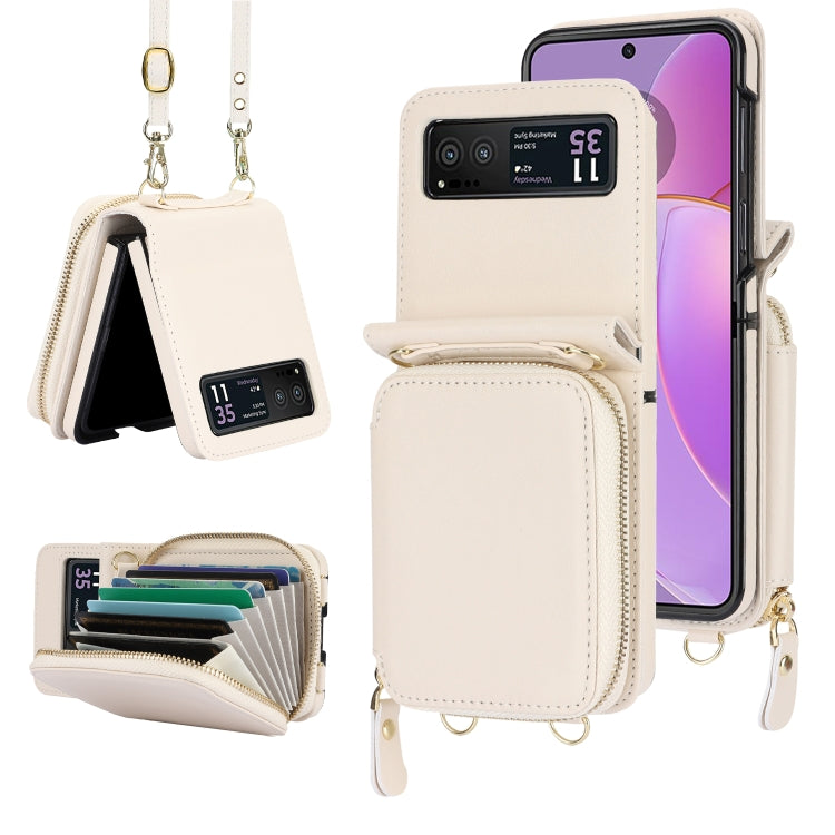 For Motorola Razr 40 Long and Short Lanyard Zipper Card Slot Foldable Phone Case(Beige) - free shipping - PMC TechLife - Order now!