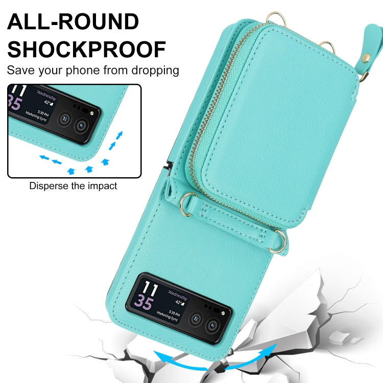 For Motorola Razr 40 Long and Short Lanyard Zipper Card Slot Foldable Phone Case(Mint Green) - Motorola Cases by PMC TechLife | Online Shopping South Africa | PMC TechLife | Buy Now Pay Later Mobicred