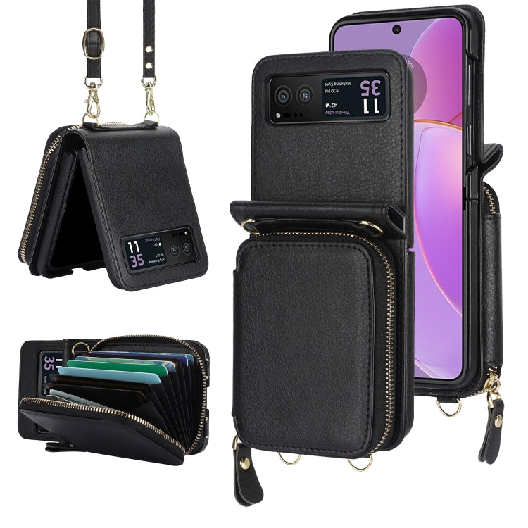 For Motorola Razr 40 Long and Short Lanyard Zipper Card Slot Foldable Phone Case(Black) - Motorola Cases by PMC TechLife | Online Shopping South Africa | PMC TechLife | Buy Now Pay Later Mobicred