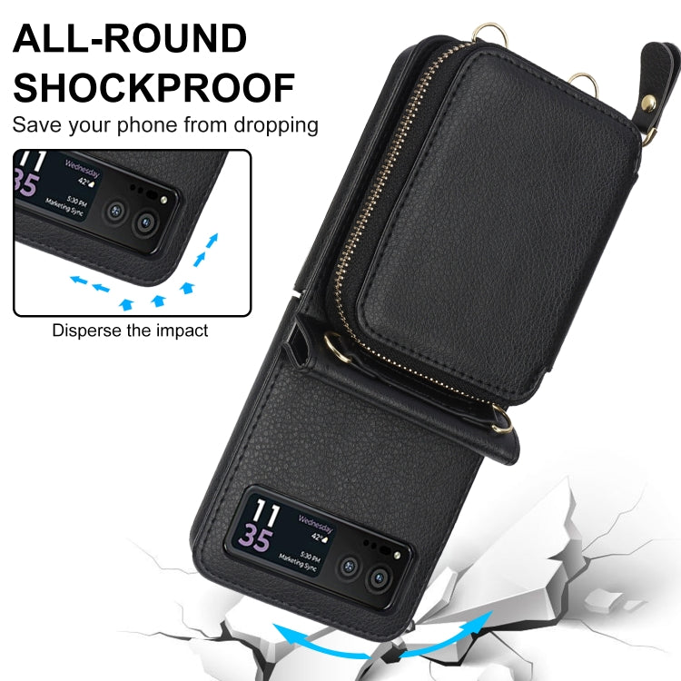 For Motorola Razr 40 Long and Short Lanyard Zipper Card Slot Foldable Phone Case(Black) - Motorola Cases by PMC TechLife | Online Shopping South Africa | PMC TechLife | Buy Now Pay Later Mobicred
