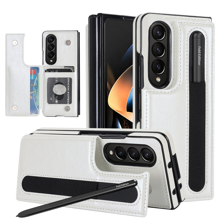 For Samsung Galaxy Z Fold4 Double Buckle Card Slot Foldable Phone Case with Pen Slot(White) - Galaxy Z Fold4 5G Cases by PMC TechLife | Online Shopping South Africa | PMC TechLife