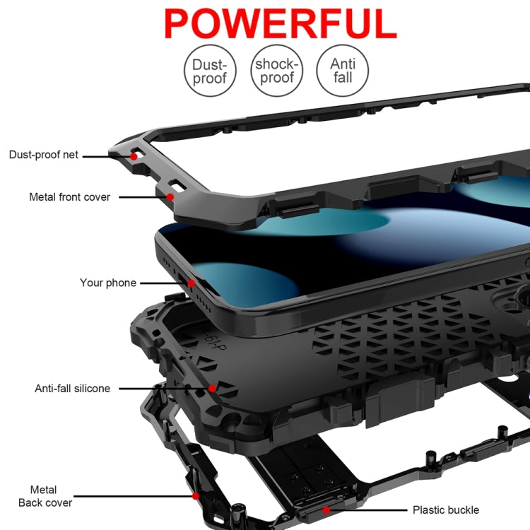 For iPhone 15 Pro Max R-JUST Metal + Silicone + Tempered Glass Life Waterproof Phone Case with Holder(Black) - free shipping - PMC TechLife - Order now!