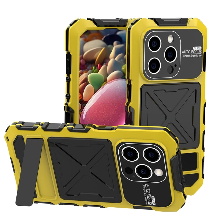 For iPhone 15 Pro Max R-JUST Metal + Silicone + Tempered Glass Life Waterproof Phone Case with Holder(Yellow) - iPhone 15 Pro Max Cases by R-JUST | Online Shopping South Africa | PMC TechLife | Buy Now Pay Later Mobicred