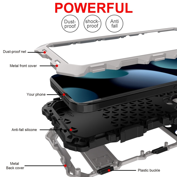 For iPhone 15 Pro Max R-JUST Metal + Silicone + Tempered Glass Life Waterproof Phone Case with Holder(Silver) - free shipping - PMC TechLife - Order now!