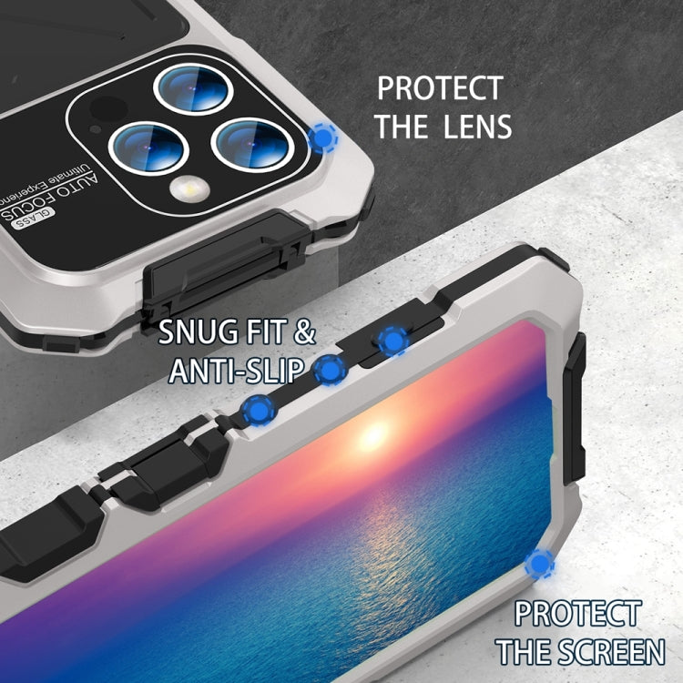 For iPhone 15 Pro Max R-JUST Metal + Silicone + Tempered Glass Life Waterproof Phone Case with Holder(Silver) - free shipping - PMC TechLife - Order now!