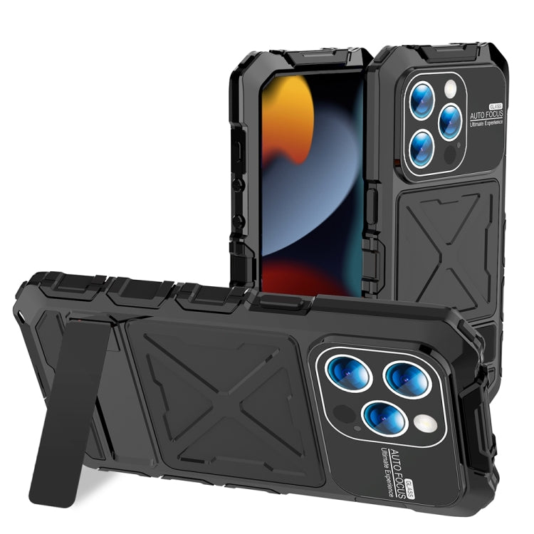 For iPhone 15 Pro R-JUST Metal + Silicone + Tempered Glass Life Waterproof Phone Case with Holder(Black) - free shipping - PMC TechLife - Order now!