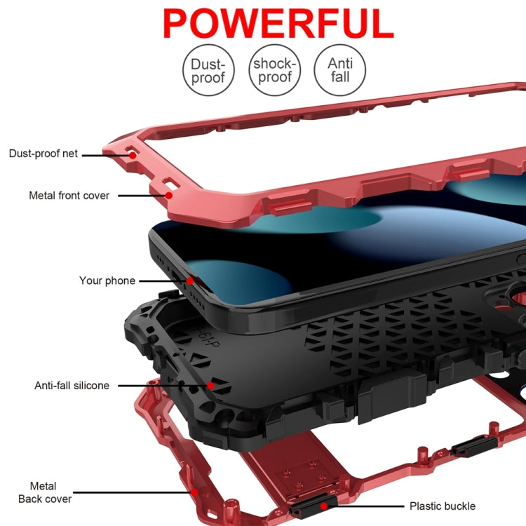 For iPhone 15 Pro R-JUST Metal + Silicone + Tempered Glass Life Waterproof Phone Case with Holder(Red) - free shipping - PMC TechLife - Order now!