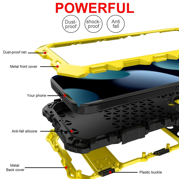 For iPhone 15 Pro R-JUST Metal + Silicone + Tempered Glass Life Waterproof Phone Case with Holder(Yellow) - iPhone 15 Pro Cases by R-JUST | Online Shopping South Africa | PMC TechLife | Buy Now Pay Later Mobicred