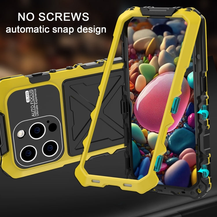 For iPhone 15 Pro R-JUST Metal + Silicone + Tempered Glass Life Waterproof Phone Case with Holder(Yellow) - iPhone 15 Pro Cases by R-JUST | Online Shopping South Africa | PMC TechLife | Buy Now Pay Later Mobicred