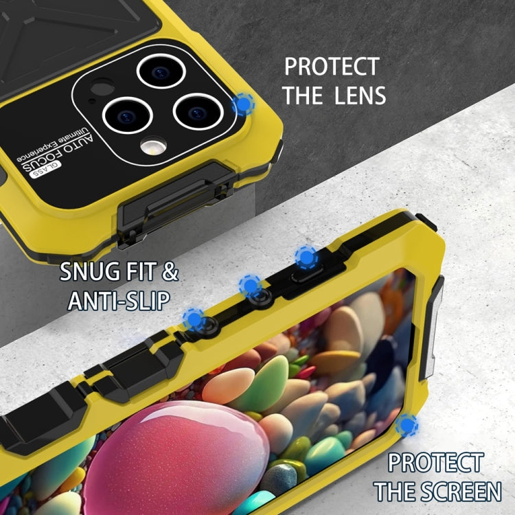For iPhone 15 Pro R-JUST Metal + Silicone + Tempered Glass Life Waterproof Phone Case with Holder(Yellow) - iPhone 15 Pro Cases by R-JUST | Online Shopping South Africa | PMC TechLife | Buy Now Pay Later Mobicred