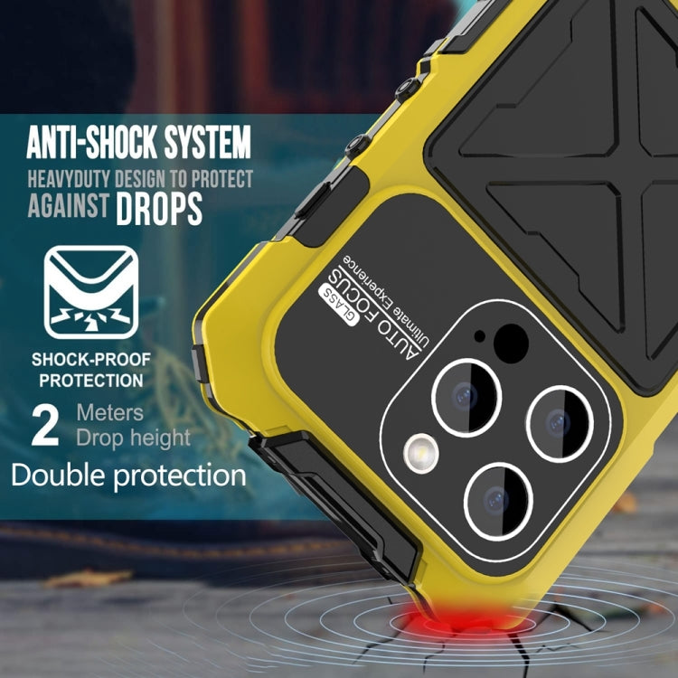 For iPhone 15 Pro R-JUST Metal + Silicone + Tempered Glass Life Waterproof Phone Case with Holder(Yellow) - iPhone 15 Pro Cases by R-JUST | Online Shopping South Africa | PMC TechLife | Buy Now Pay Later Mobicred