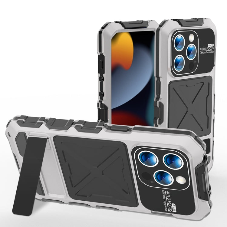 For iPhone 15 Pro R-JUST Metal + Silicone + Tempered Glass Life Waterproof Phone Case with Holder(Silver) - iPhone 15 Pro Cases by R-JUST | Online Shopping South Africa | PMC TechLife | Buy Now Pay Later Mobicred