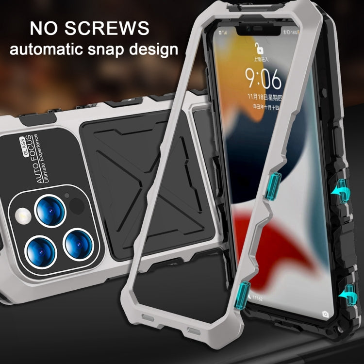 For iPhone 15 Pro R-JUST Metal + Silicone + Tempered Glass Life Waterproof Phone Case with Holder(Silver) - iPhone 15 Pro Cases by R-JUST | Online Shopping South Africa | PMC TechLife | Buy Now Pay Later Mobicred