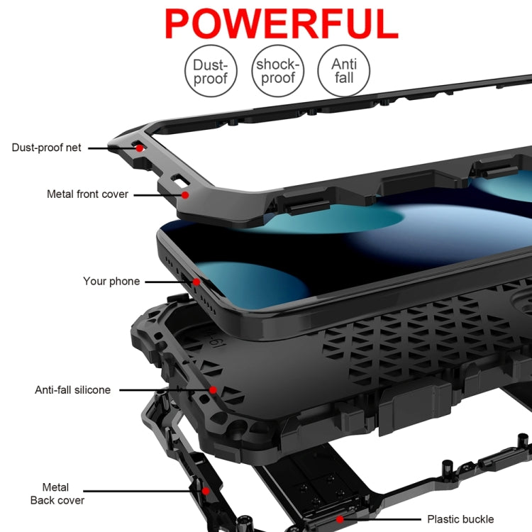 For iPhone 15 Plus R-JUST Metal + Silicone + Tempered Glass Life Waterproof Phone Case with Holder(Black) - iPhone 15 Plus Cases by R-JUST | Online Shopping South Africa | PMC TechLife | Buy Now Pay Later Mobicred