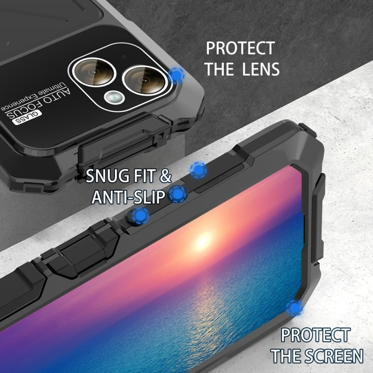 For iPhone 15 Plus R-JUST Metal + Silicone + Tempered Glass Life Waterproof Phone Case with Holder(Black) - iPhone 15 Plus Cases by R-JUST | Online Shopping South Africa | PMC TechLife | Buy Now Pay Later Mobicred
