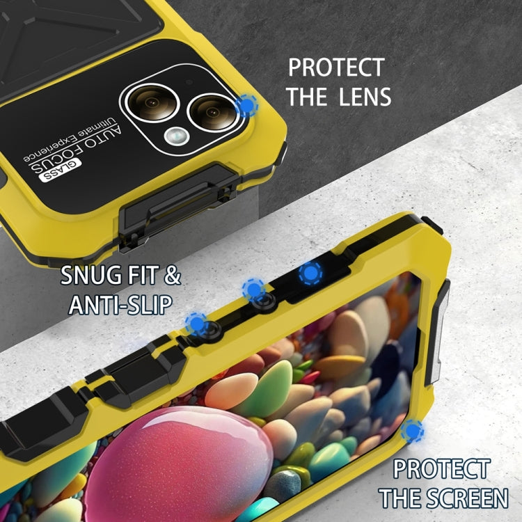 For iPhone 15 Plus R-JUST Metal + Silicone + Tempered Glass Life Waterproof Phone Case with Holder(Yellow) - iPhone 15 Plus Cases by R-JUST | Online Shopping South Africa | PMC TechLife | Buy Now Pay Later Mobicred