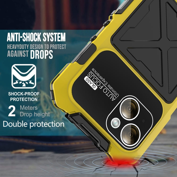 For iPhone 15 Plus R-JUST Metal + Silicone + Tempered Glass Life Waterproof Phone Case with Holder(Yellow) - iPhone 15 Plus Cases by R-JUST | Online Shopping South Africa | PMC TechLife | Buy Now Pay Later Mobicred