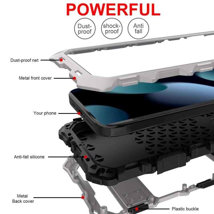 For iPhone 15 Plus R-JUST Metal + Silicone + Tempered Glass Life Waterproof Phone Case with Holder(Silver) - free shipping - PMC TechLife - Order now!