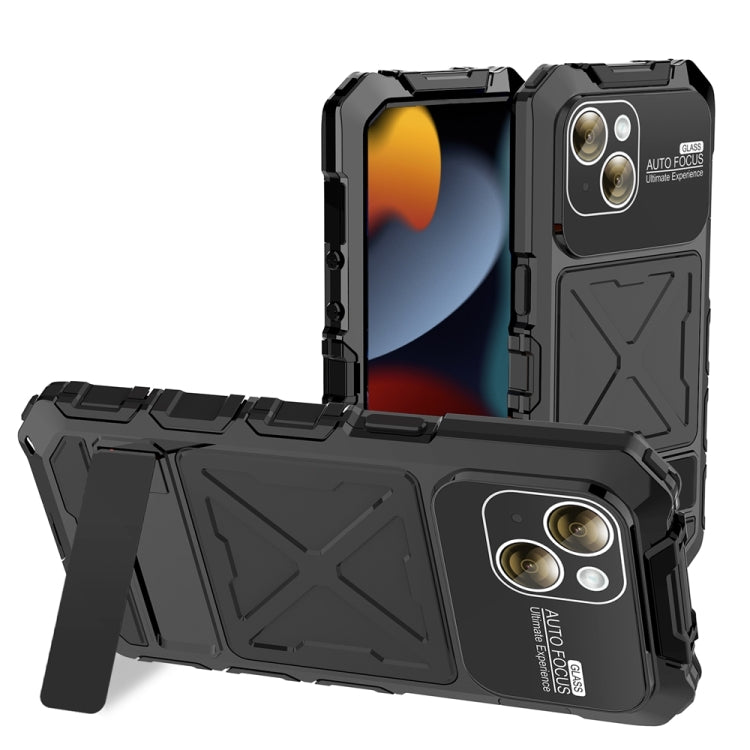 For iPhone 15 R-JUST Metal + Silicone + Tempered Glass Life Waterproof Phone Case with Holder(Black) - free shipping - PMC TechLife - Order now!