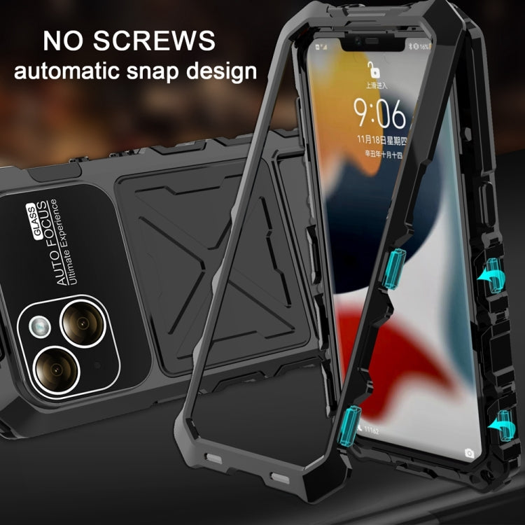For iPhone 15 R-JUST Metal + Silicone + Tempered Glass Life Waterproof Phone Case with Holder(Black) - free shipping - PMC TechLife - Order now!